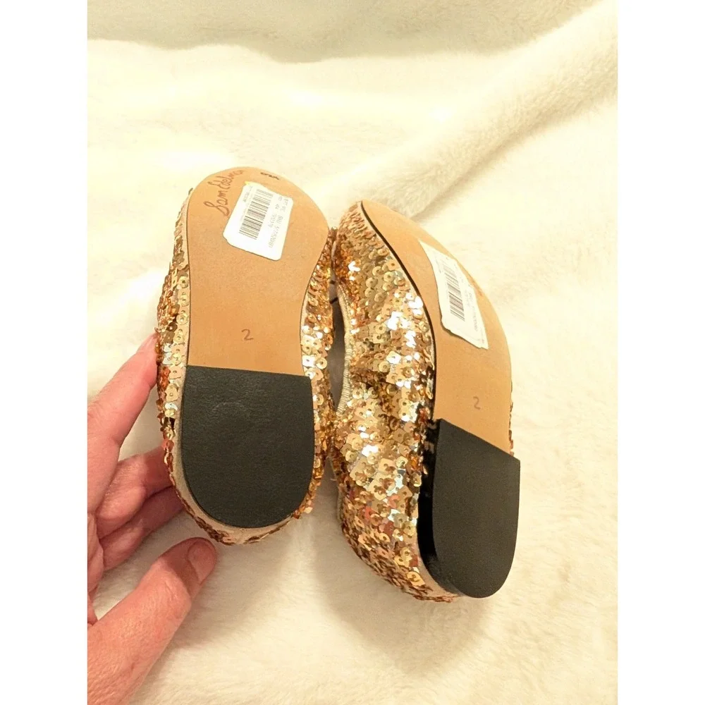 Sam Edelman Gold Sequin Ballet Flats Embellished Bow Sparkle Party Shoes Girls 2